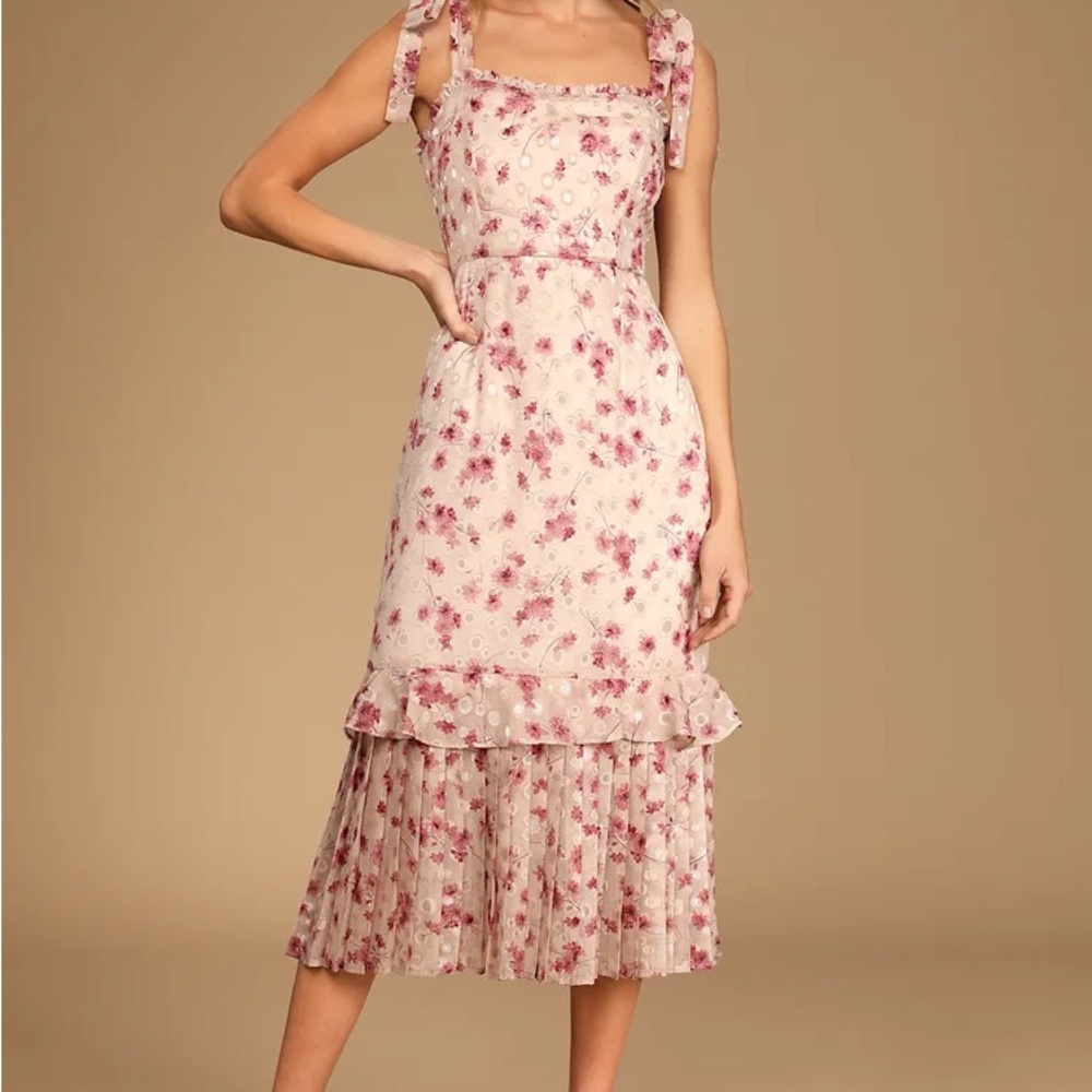 Lulu's Terrace Views Taupe Floral Print Tiered Tie-Shoulder Midi Dress Size XL